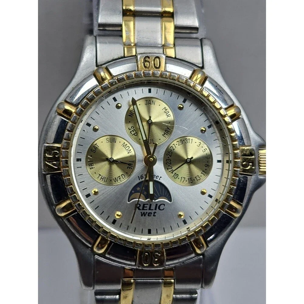 Vintage Relic Wet Mens Moon Phase Calendar Two Tone Stainless Quartz New Battery